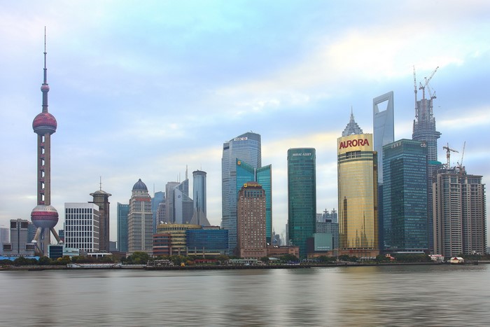 Shanghai skyline with Oriental Pearl Tower and skyscrapers