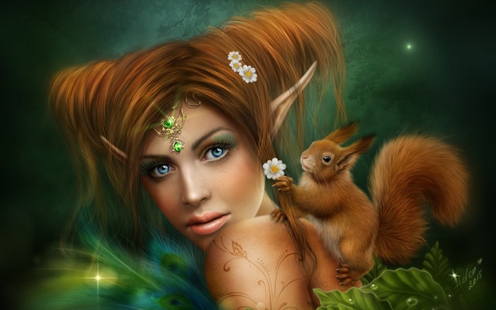 Elf girl with a squirrel in a forest