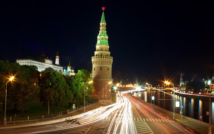 Moscow Kremlin Tower at Night with Light Trails