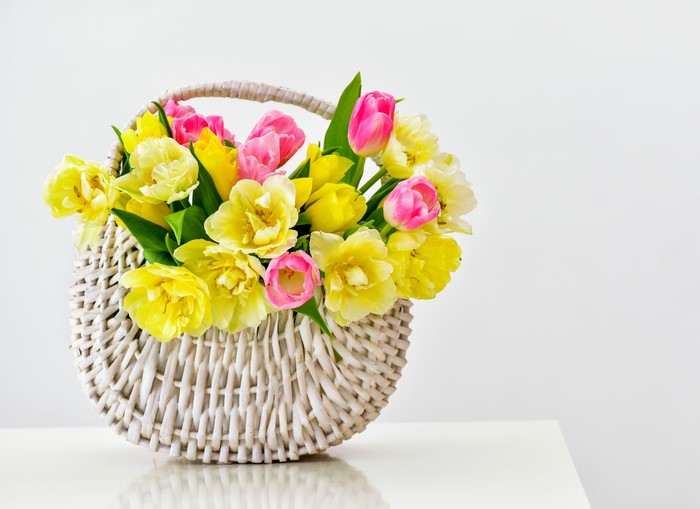 Yellow and pink tulips in a wicker basket