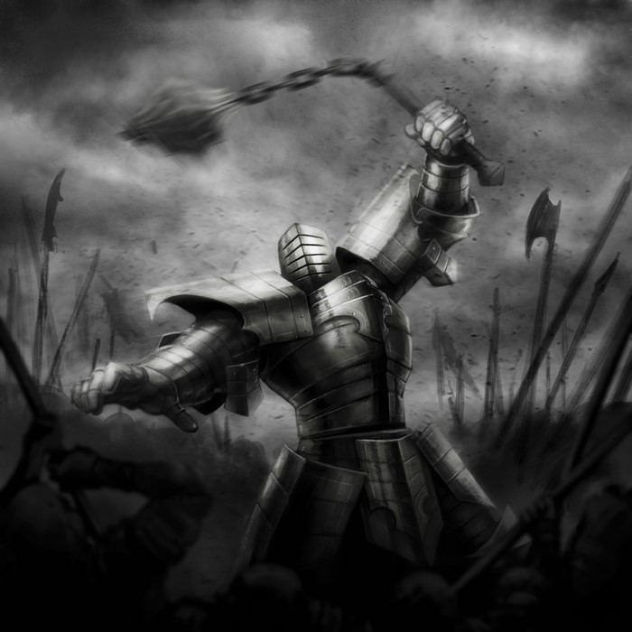 Knight in armor wielding a flail in battle