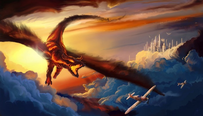 Dragon attacking fighter planes near a city in the clouds