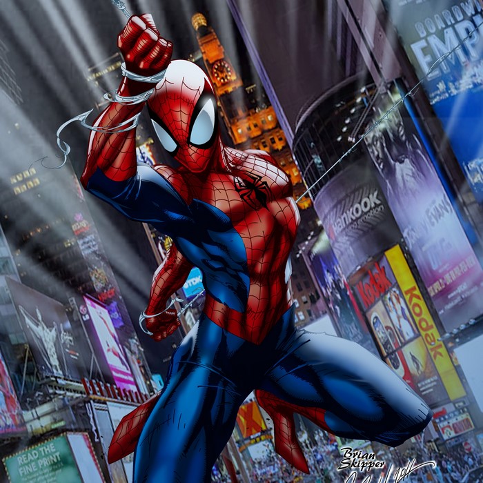 Spiderman swinging through Times Square