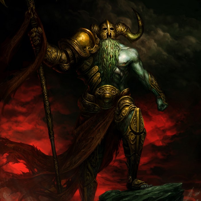 A warrior with a beard and horns holding a spear