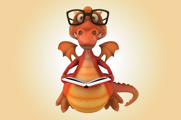 A cartoon dragon wearing glasses reads a book