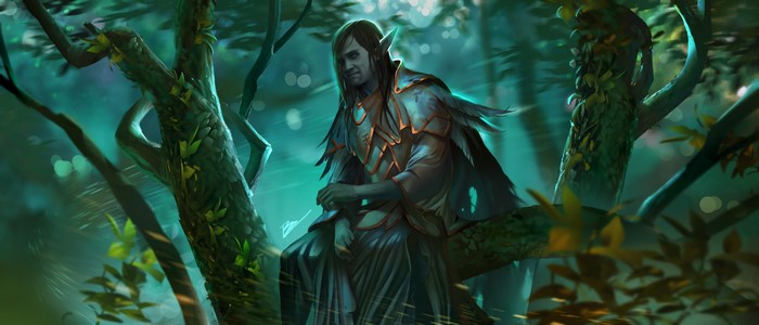 Elf sitting on a tree branch in a forest