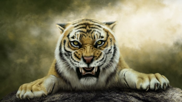 Tiger painting art roaring on a rock