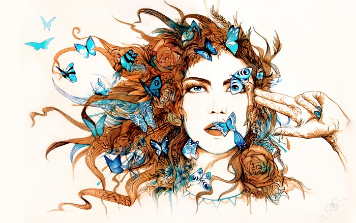 Woman with blue butterflies in her hair