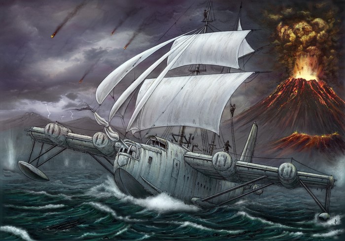 Steampunk Airplane Ship in a Storm with Volcano