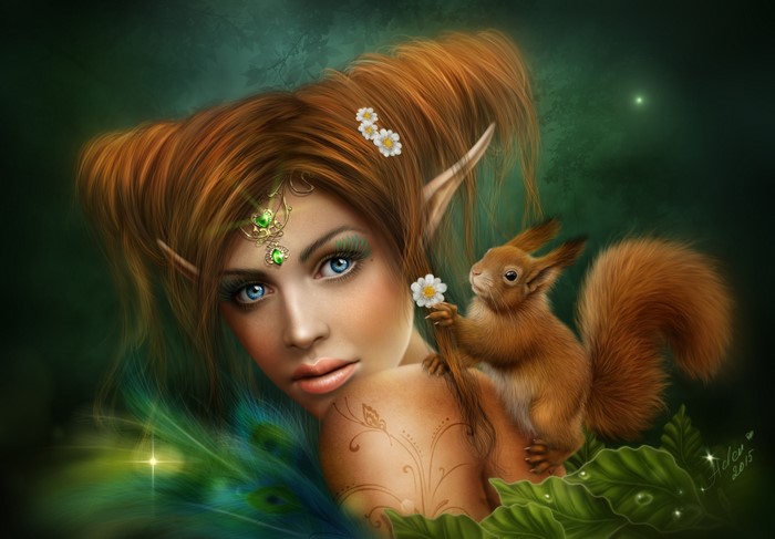 Elf girl with a squirrel and peacock feathers