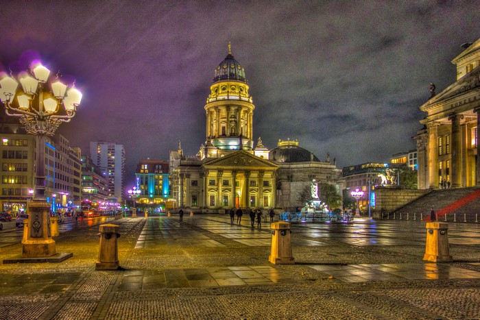 Gendarmenmarkt square at night in Berlin, Germany