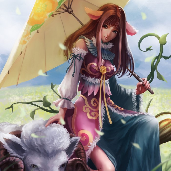 Girl with brown hair holding an umbrella with a sheep