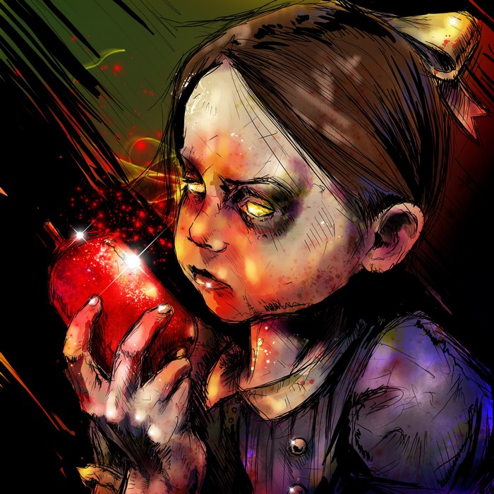 Little Sister from BioShock holding an apple