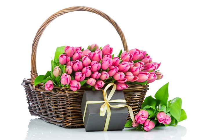 Pink Tulips in Wicker Basket with Gift