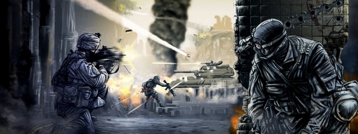 Soldiers in a modern warfare battle with a tank