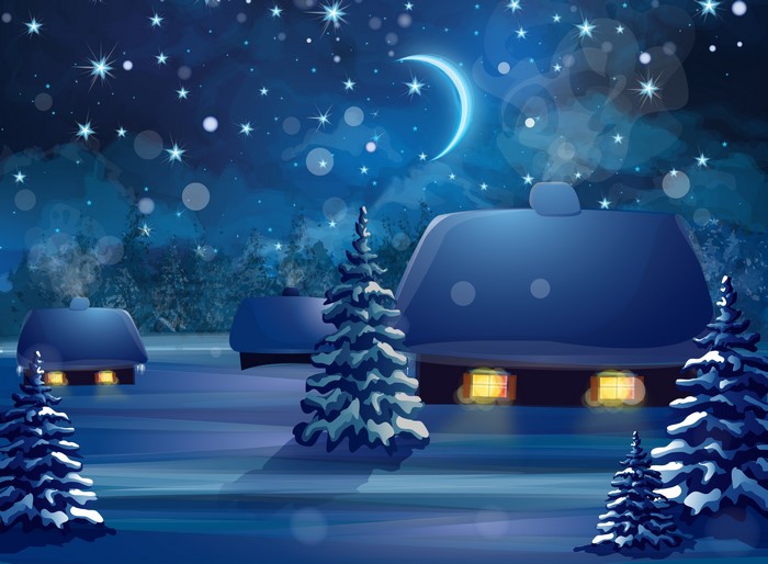Winter Night Village with Crescent Moon and Stars