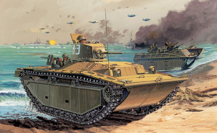 US Amphibious Tanks Landing on a Beach