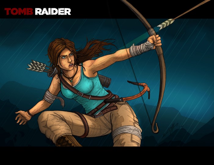 Lara Croft from Tomb Raider with a bow and arrow