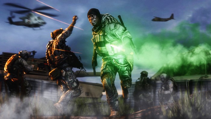 Soldiers in combat with helicopters and planes