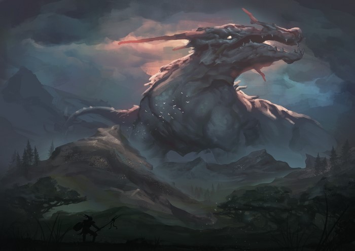 Giant dragon over mountains with a small warrior