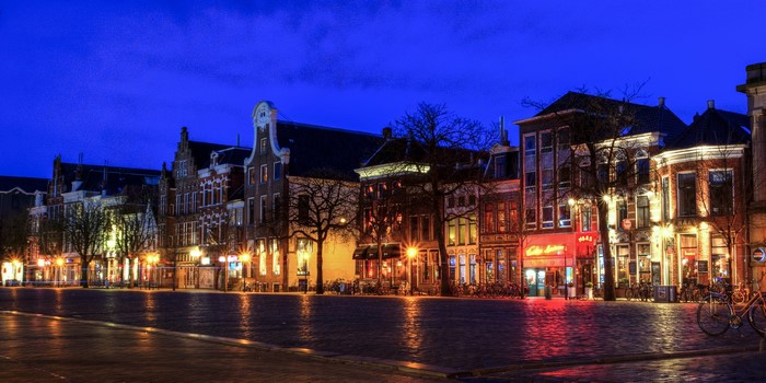 Groningen, Netherlands at night with illuminated buildings