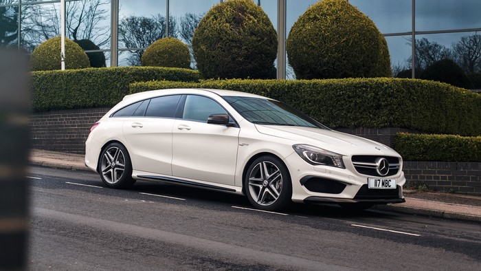 White 2015 Mercedes-Benz AMG CLA 45 Shooting Brake UK-spec X117