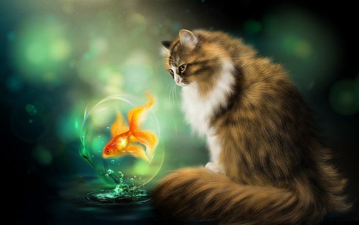 Cat looking at a goldfish in a bubble