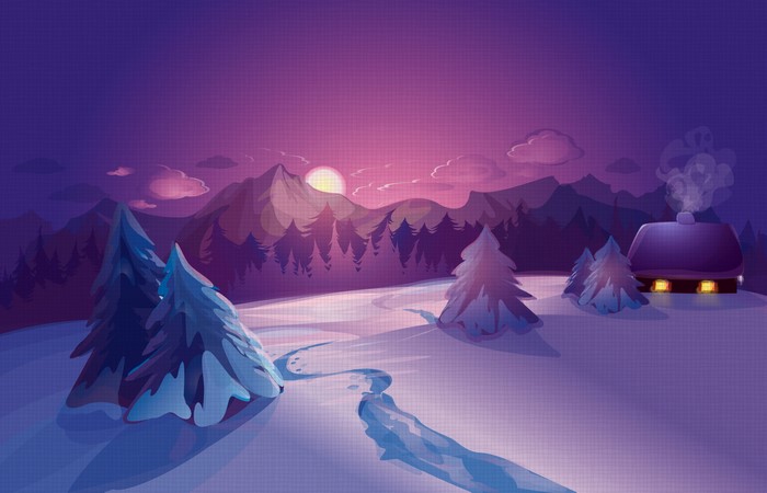 Winter Scenery with Snow-Covered Trees and Mountains at Sunset