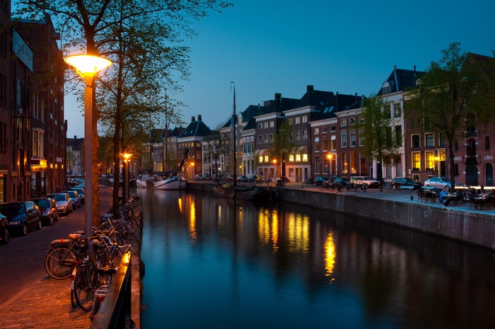 Night view of a canal in Groningen, Netherlands