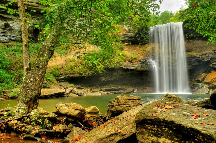 Waterfall cascading over a rocky cliff into a pool