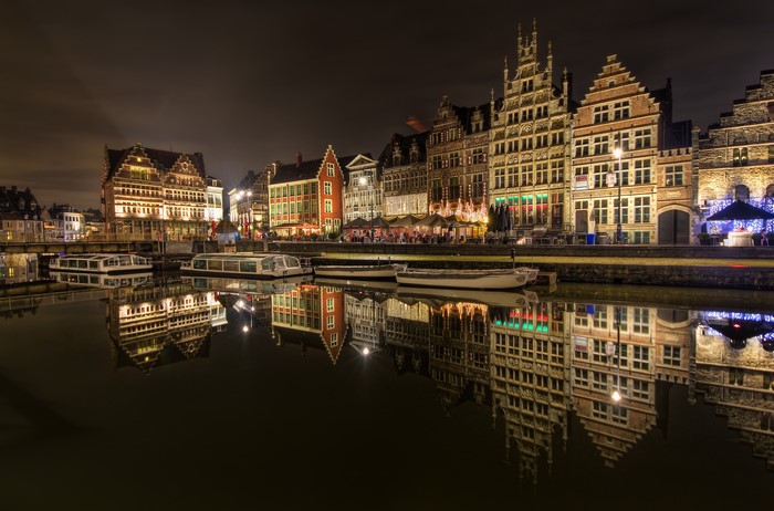 Ghent at Night: Canal with Historic Buildings and Boats