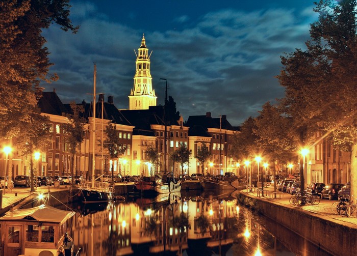 Night view of a canal in Groningen, Netherlands