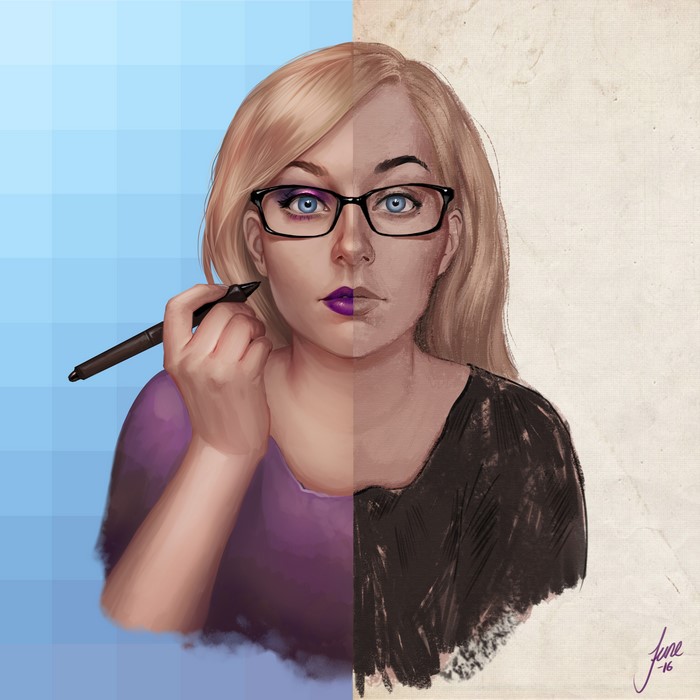 Painting of a blonde girl with glasses