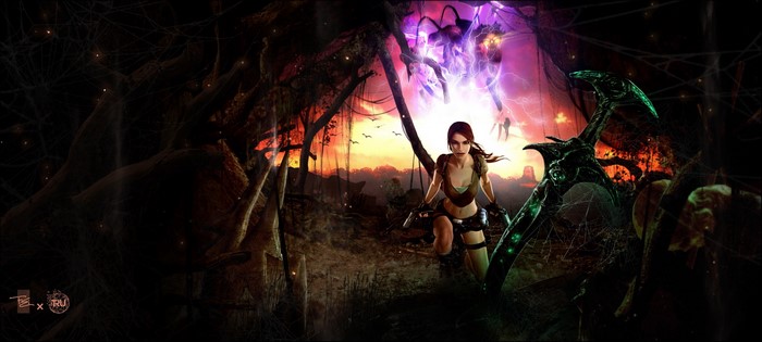 Lara Croft from Tomb Raider fighting a spider monster