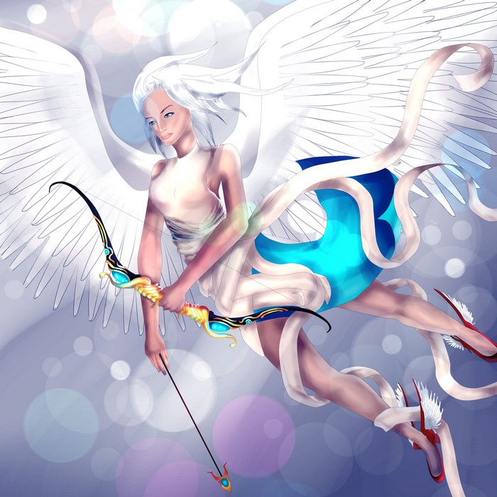 Angel archer with white wings and bow