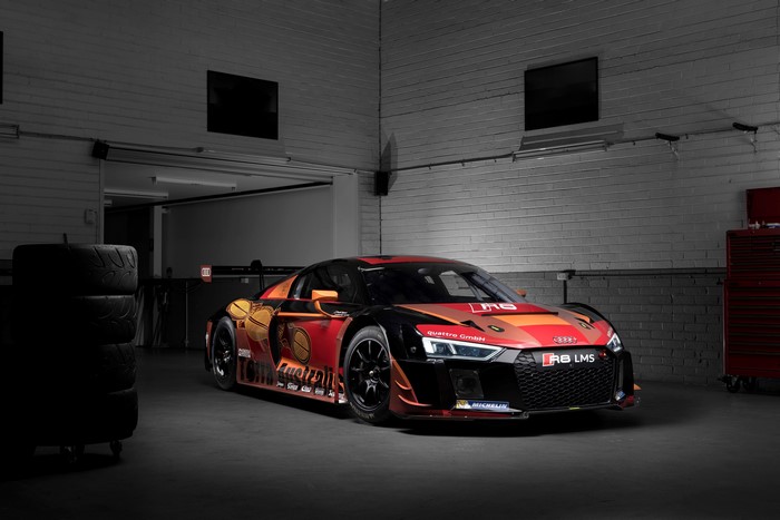Audi R8 LMS race car in garage