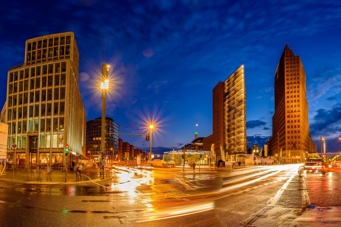 Berlin Germany Street at Night with Light Trails