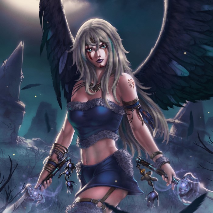 Warrior angel with wings and swords in a dark forest
