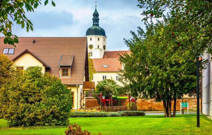 Houses and church tower in Germany