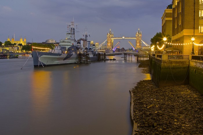 HMS Belfast and Tower Bridge at dusk