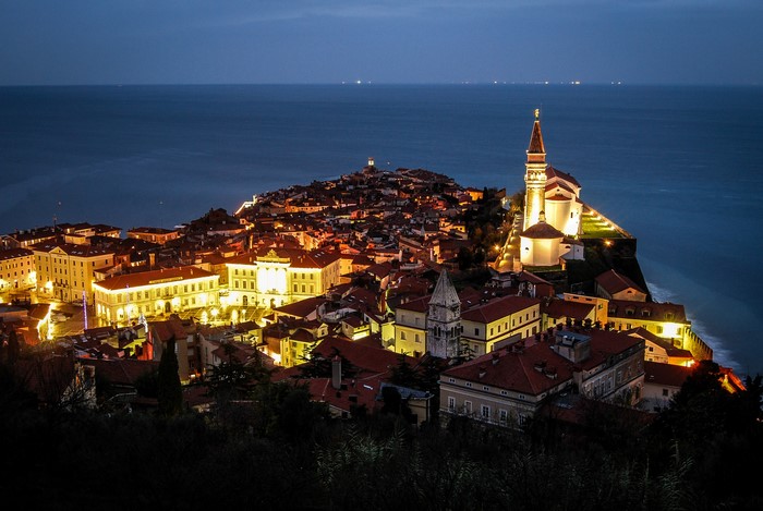 Piran, Slovenia at night from above
