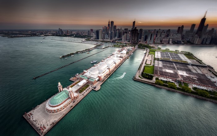 Chicago City Skyline and Navy Pier from Above
