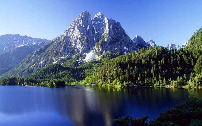 Lake and Mountains with Pine Forest