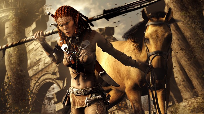 Elf warrior with spear and horse in ruins