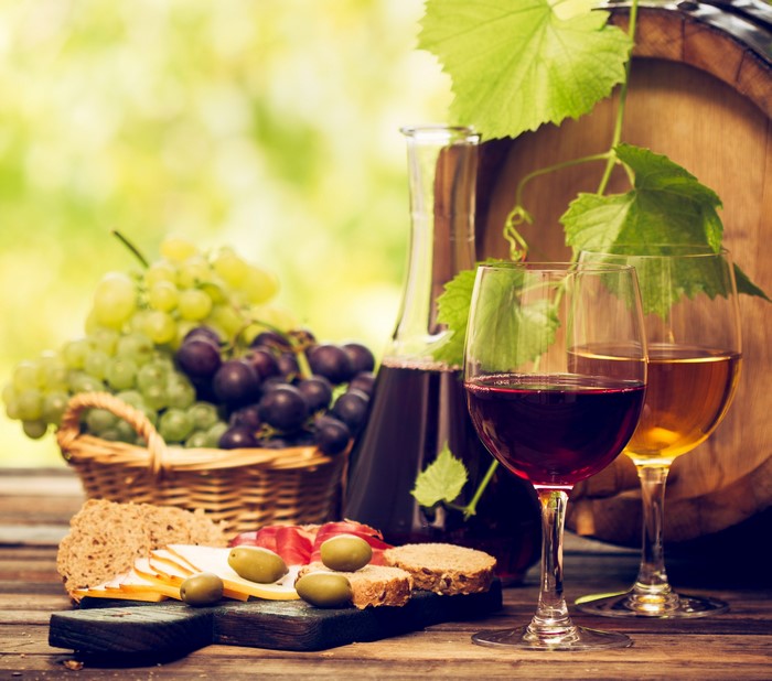 Wine, Grapes, Cheese, and Barrel