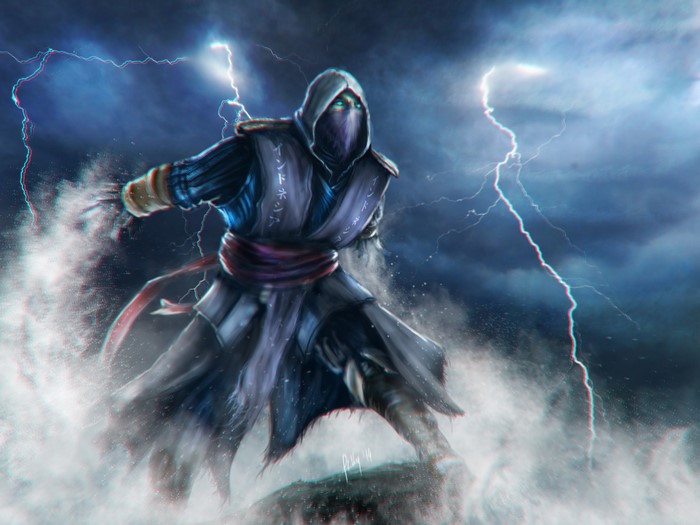 Warrior with hood and mask in lightning storm