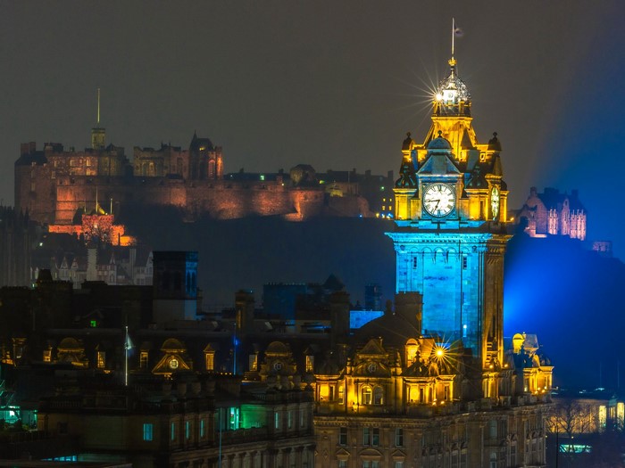Edinburgh Castle and Balmoral Clock Tower at Night