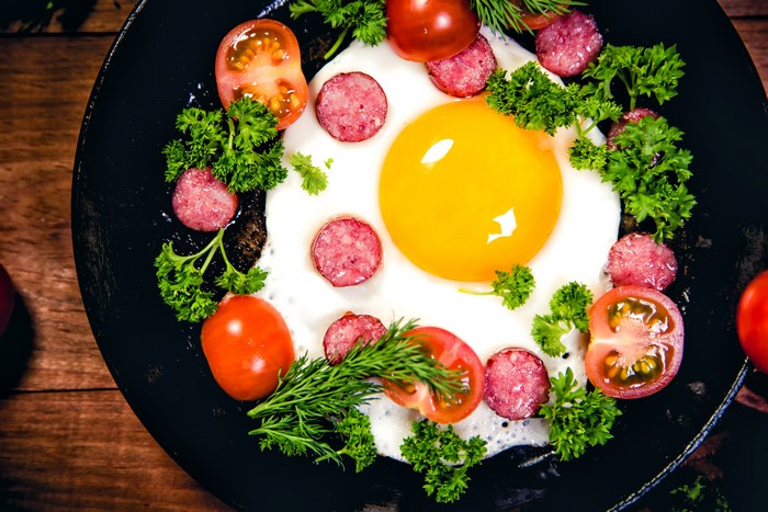 Fried egg with sausage and tomatoes in a pan
