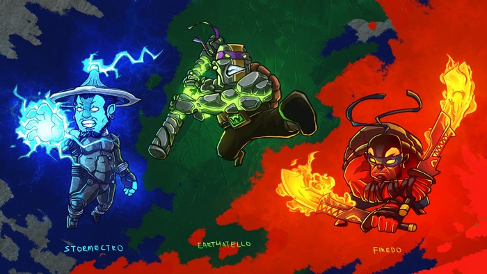 Stormectro, Earthatello, and Firedo from DOTA 2