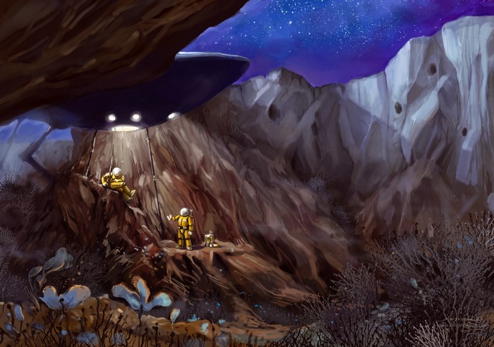 Astronauts exploring an alien planet with a UFO